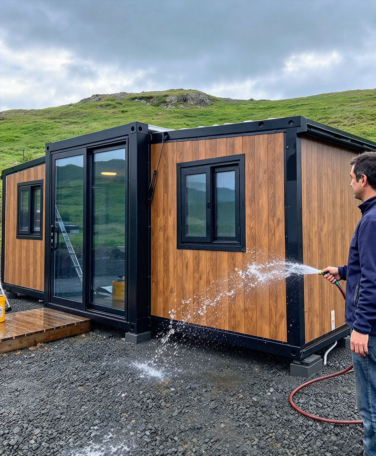 UK Highland On-Site Test: Our Prefabricated Foldable House, Waterproof Test for Wood-Grain Facade