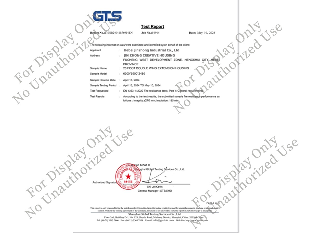 Cold Resistance, Fire Resistance & High Temperature Resistance Test Report for Prefab House