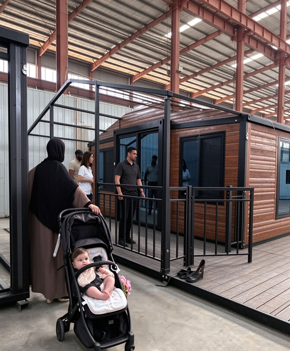 Kuwaiti clients visited the factory for inspection! They viewed the wood-grain foldable container house sample on site.