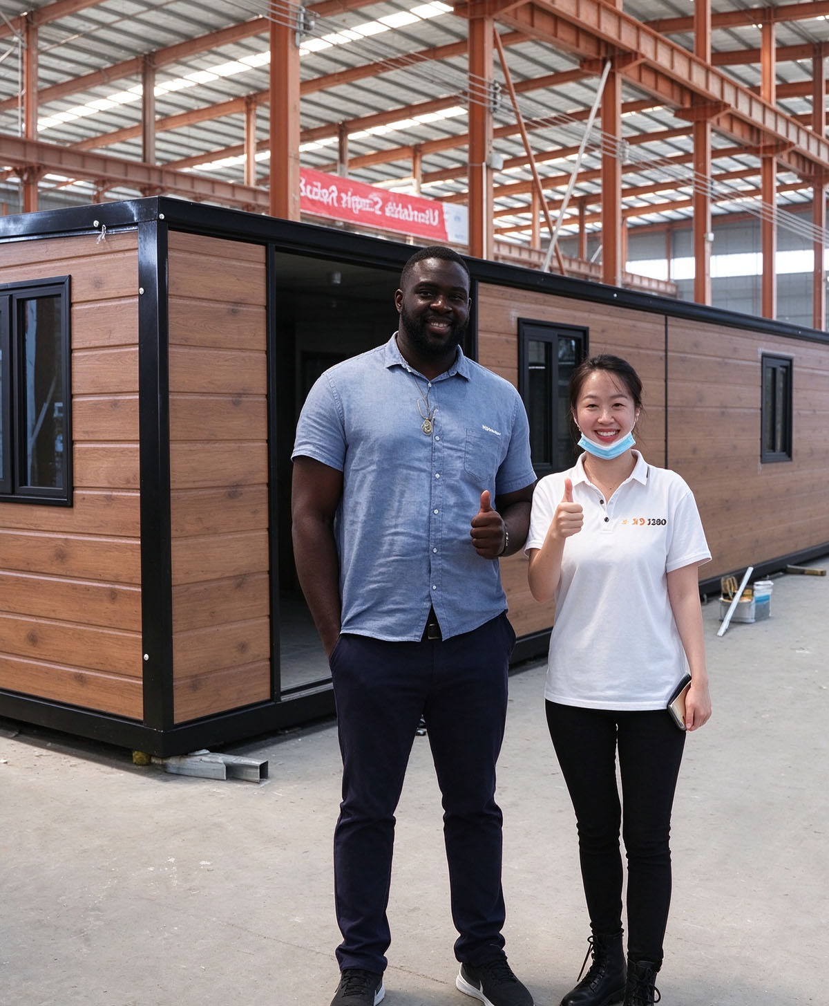 Ghanaian clients visited the factory for inspection! They appreciated the modular container house sample with wood‑grain exterior walls on site.