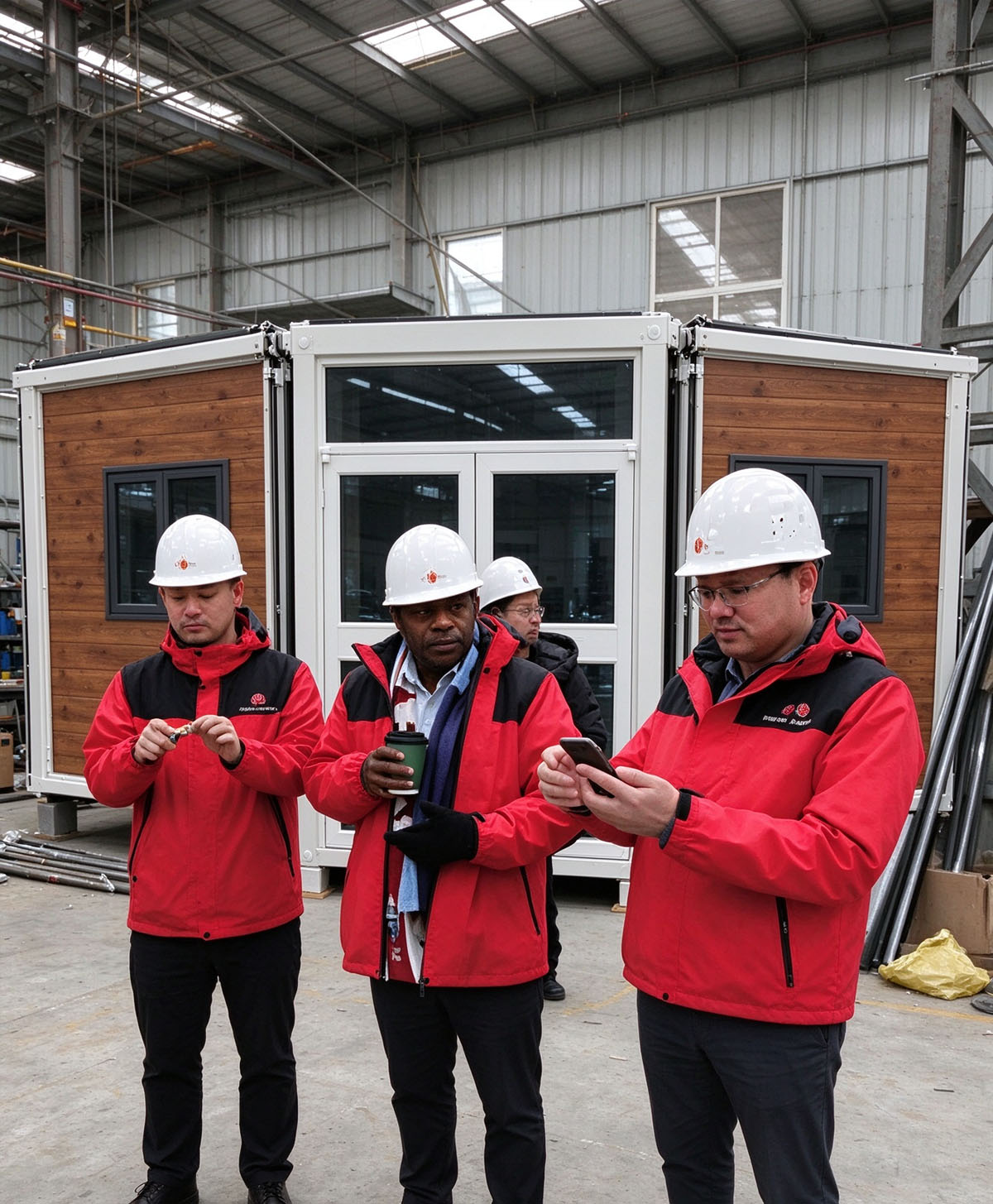 Cameroonian clients visited the factory for inspection! They viewed the wood-grain expandable container house sample on site.
