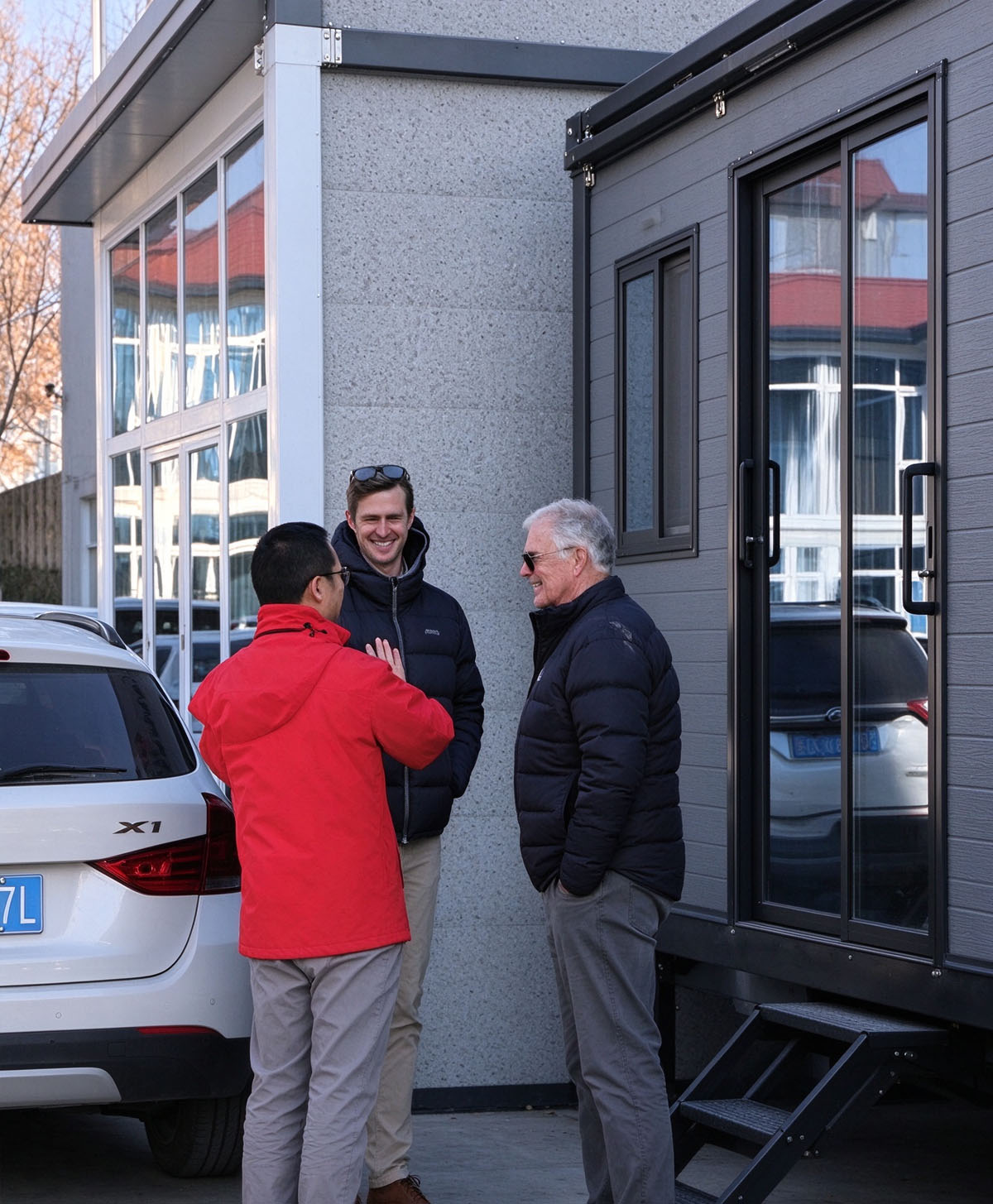 New Zealand clients visited the factory for inspection! They viewed the expandable container house sample with light grey exterior walls on site.